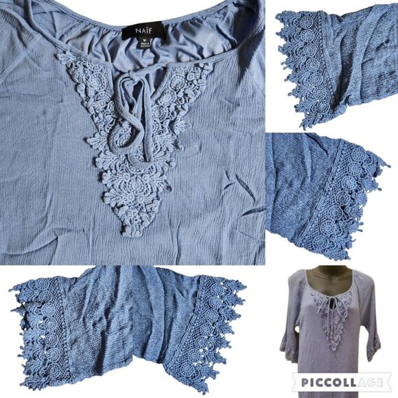 NAIF Light Blue Embroidered Floral V Neck Tie Boho Shift Mini Dress sz M - Picture 8 of 11